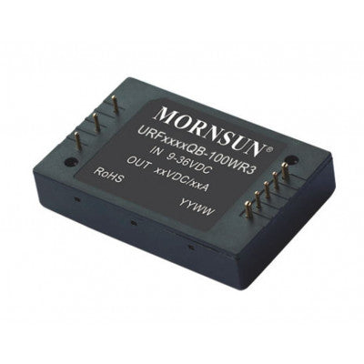 A five-sided metal-shielded package, the URF2424QB-100WR3 Mornsun 24V to 24V DC-DC Converter 100W Power Supply Module