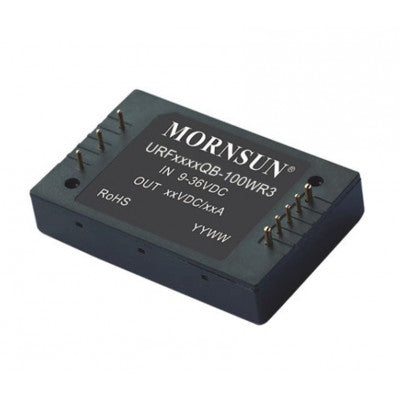 The Mornsun 24-to-5V DC-DC Converter 100W Power Supply Module is a five-sided metal-shielded package (URF2405QB-100WR3).