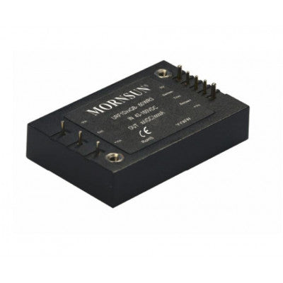 The Mornsun 110V to 5V DC-DC Converter 50W Power Supply Module is a horizontal DIP package, part number URF1D05QB-50WR3.