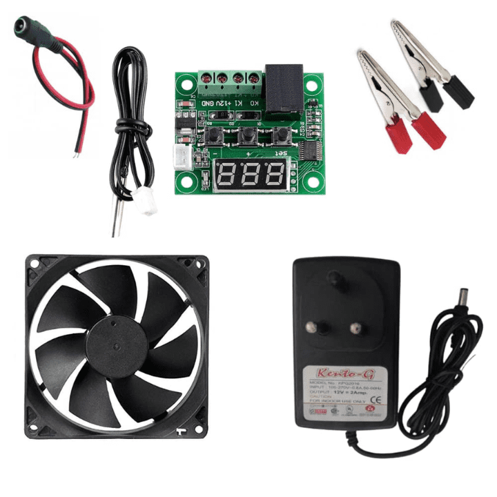 Combination of W1209 Digital Thermostat Temperature Controller, 12V DC 0.15A Fan, DC female Jack/Splitter, and Alligator Clips with 12V 2AMP Extension