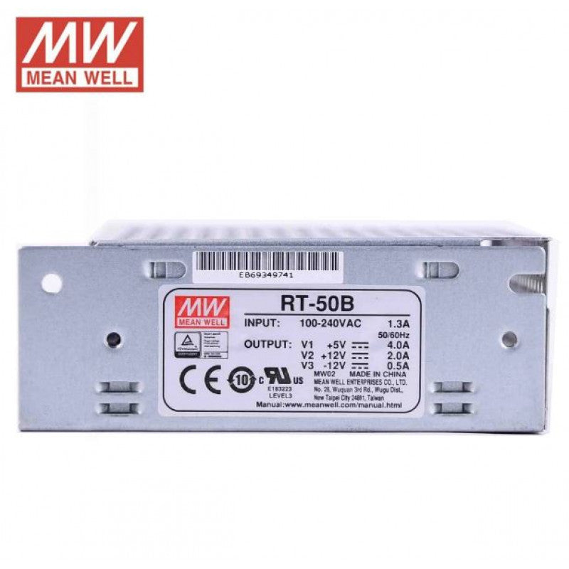 RT-50B Mean Well SMPS - 50W Triple Output Metal Power Supply with 5V/4A, 12V/2A, and -12V 0.5A Outputs