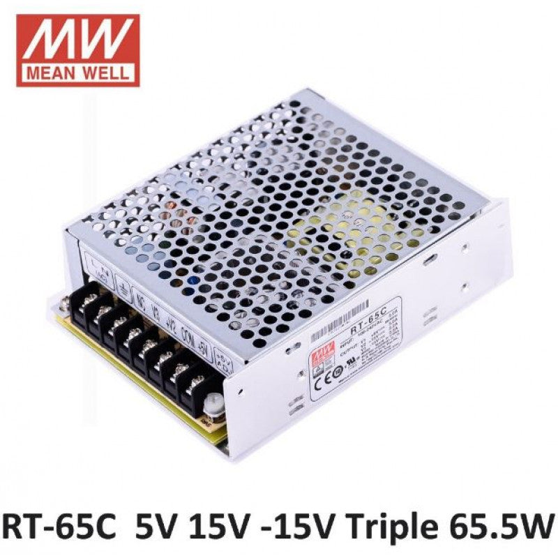 RT-65C Mean Well SMPS - Triple Output Metal Power Supply with 5V/5A, 15V 2.2A, and -15V 0.5A - 65.5W