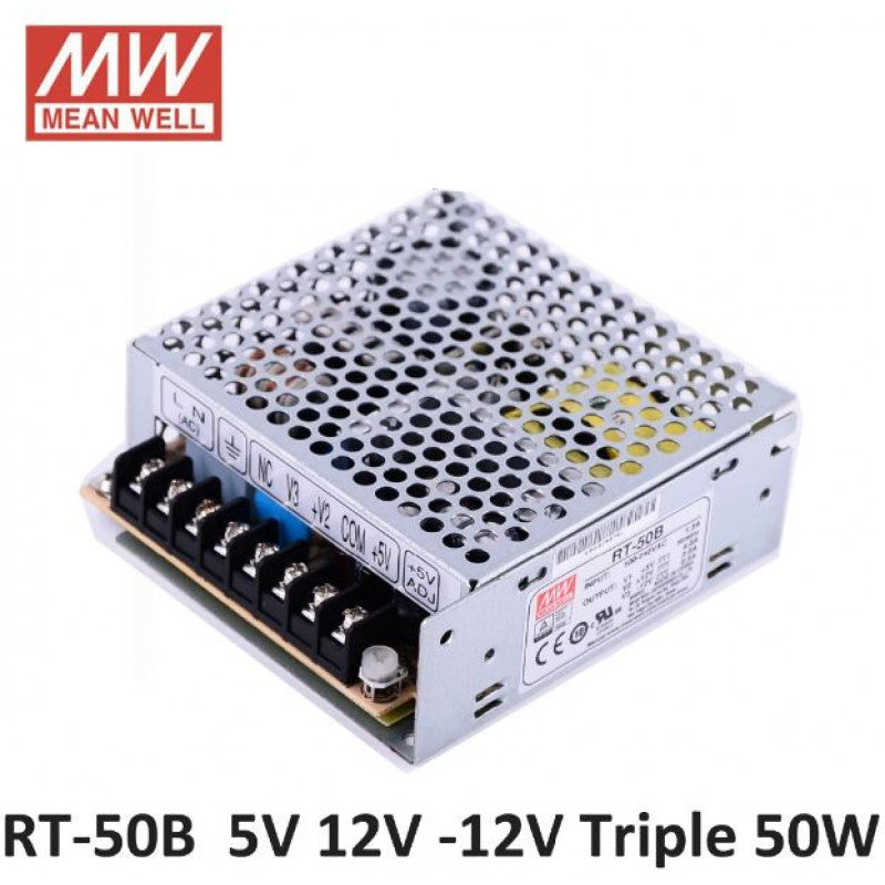 RT-50B Mean Well SMPS - 50W Triple Output Metal Power Supply with 5V/4A, 12V/2A, and -12V 0.5A Outputs