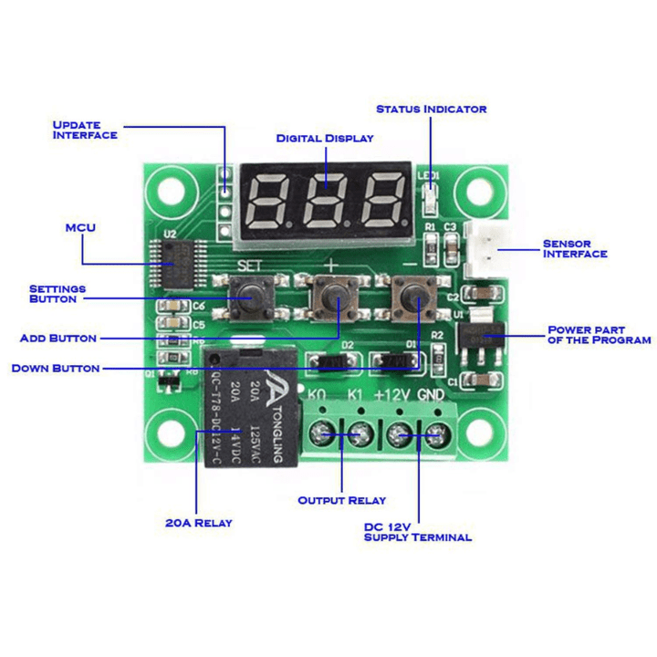 Combination of W1209 Digital Thermostat Temperature Controller, 12V DC 0.15A Fan, DC female Jack/Splitter, and Alligator Clips with 12V 2AMP Extension