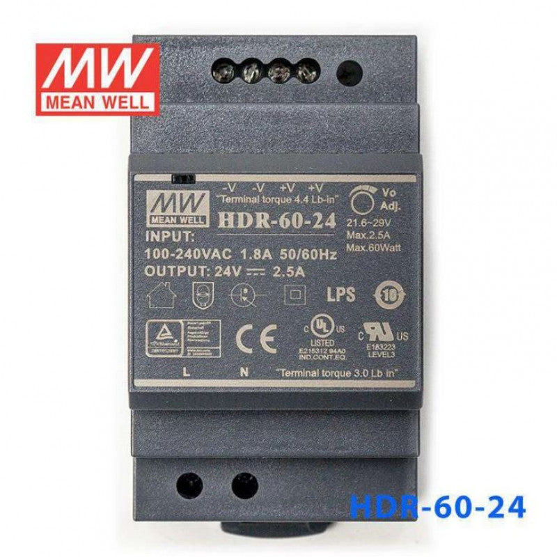 HDR-60-24 Meanwell SMPS - Din Rail Metal Power Supply, 24V, 2.5A, 60W