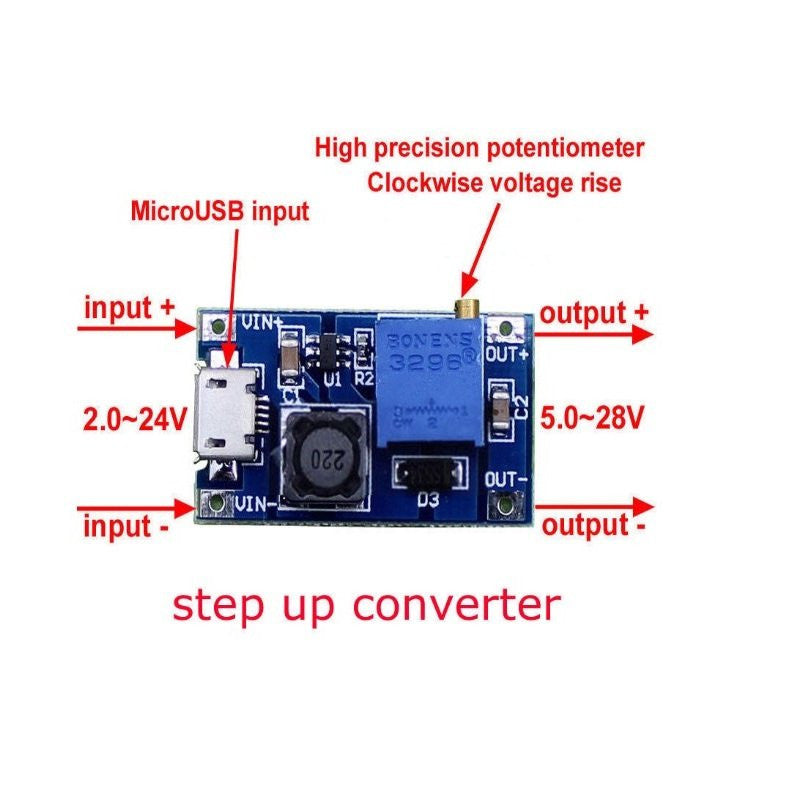 XY-016 DC-DC Step-Up 2 Amp Micro USB Power Module, 5V, 9V, 12V, and 28V