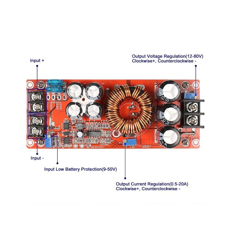 8-60V to 12-83V 20A DC-DC Boost Step Up Converter, 1200W