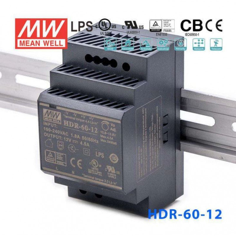 HDR-60-12 12V 4.5A 54W Mean Well SMPS Din Rail Metal Power Supply