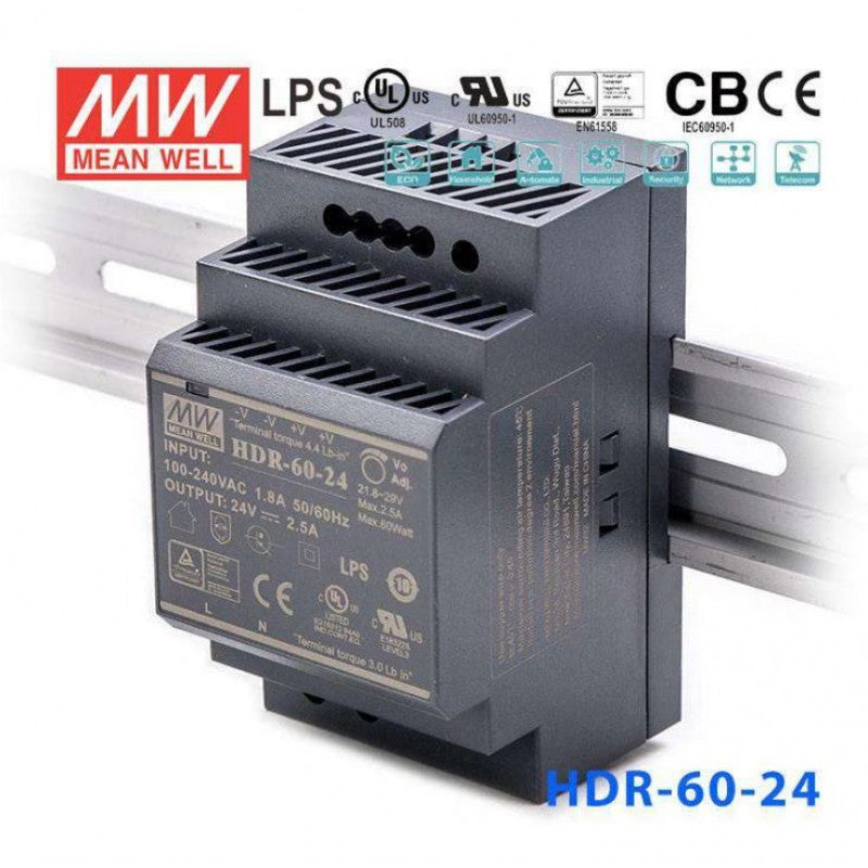 HDR-60-24 Meanwell SMPS - Din Rail Metal Power Supply, 24V, 2.5A, 60W